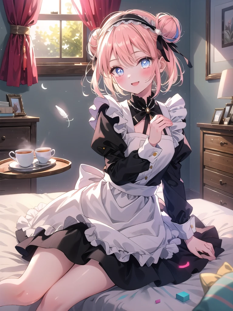 ((8k, Highest quality, masterpiece: 1.3)),Ultra-high resolution,(1 girl, alone), (Color changing eyes, Ultra-detailed, Expressive brilliance, Glitter, Glowing Eyes), Highly detailed eyes, Highly detailed face, Random Hair, ((pastel colour)),A cheerful young woman with pastel peach-colored hair styled into a simple bun, sitting cross-legged on her bed in her brightly lit bedroom during a sunny morning. She is dressed in a cute yet subtly sexy maid cosplay, wearing a short black dress with a white apron and a matching headband. The camera captures her from a slightly low angle as she smiles brightly while holding a feather duster, her expression full of playfulness and charm. The room is bathed in natural sunlight, with a few neatly arranged pillows on the bed, a small tea set on a tray, and a tidy, welcoming atmosphere.