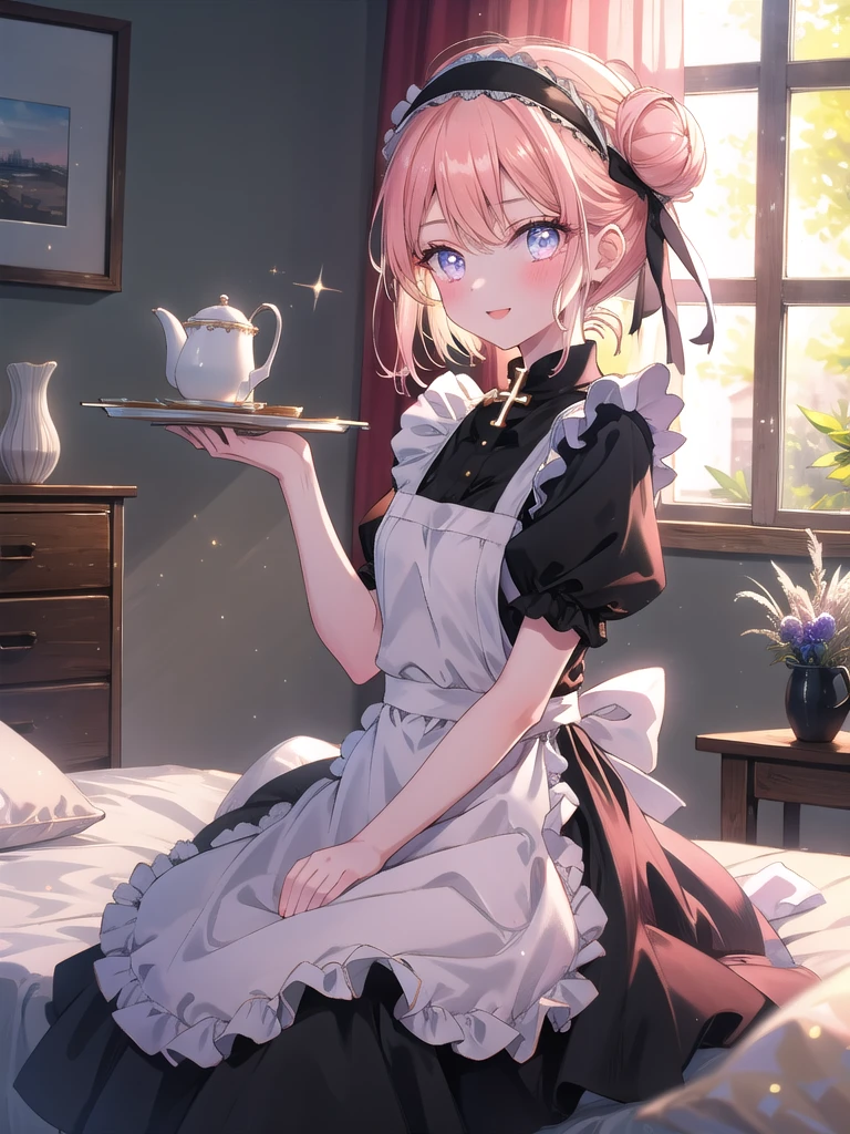 ((8k, Highest quality, masterpiece: 1.3)),Ultra-high resolution,(1 girl, alone), (Color changing eyes, Ultra-detailed, Expressive brilliance, Glitter, Glowing Eyes), Highly detailed eyes, Highly detailed face, Random Hair, ((pastel colour)),A cheerful young woman with pastel peach-colored hair styled into a simple bun, sitting cross-legged on her bed in her brightly lit bedroom during a sunny morning. She is dressed in a cute yet subtly sexy maid cosplay, wearing a short black dress with a white apron and a matching headband. The camera captures her from a slightly low angle as she smiles brightly while holding a feather duster, her expression full of playfulness and charm. The room is bathed in natural sunlight, with a few neatly arranged pillows on the bed, a small tea set on a tray, and a tidy, welcoming atmosphere.



