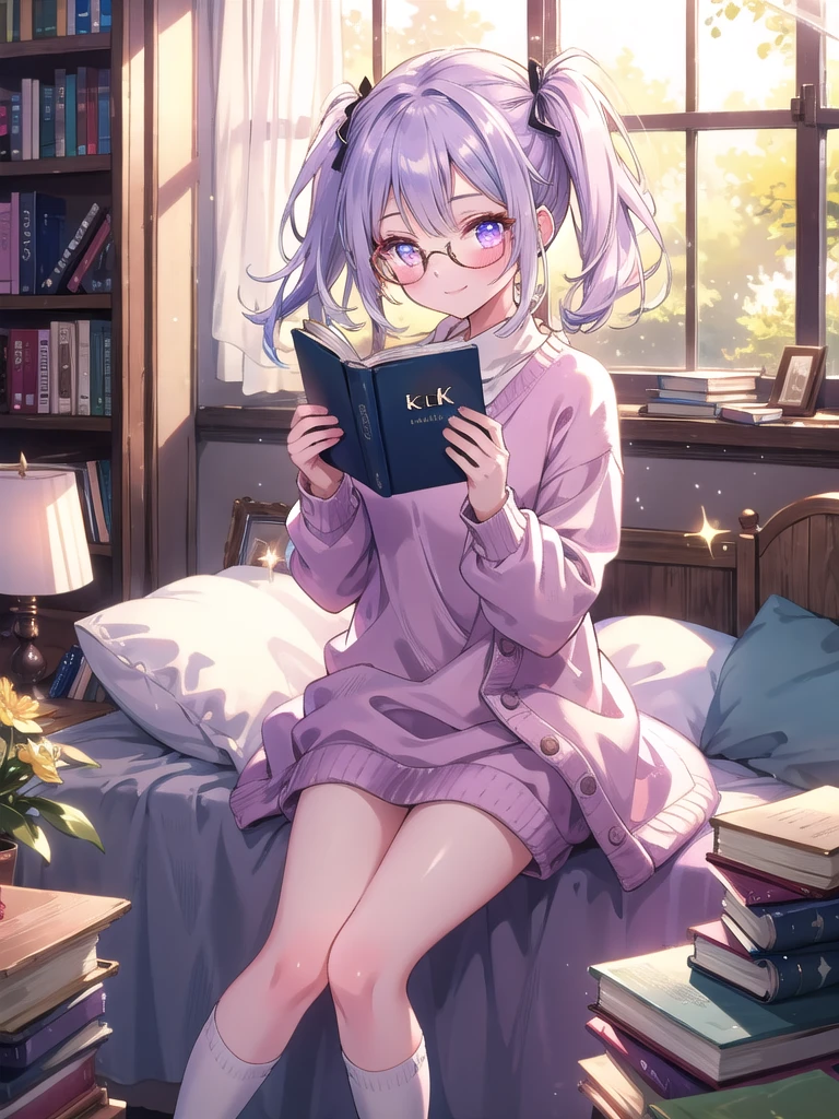 ((8k, Highest quality, masterpiece: 1.3)),Ultra-high resolution,(1 girl, alone), (Color changing eyes, Ultra-detailed, Expressive brilliance, Glitter, Glowing Eyes), Highly detailed eyes, Highly detailed face, Random Hair, ((pastel colour)),A joyful young woman with pastel lavender hair styled into twin ponytails, sitting on the floor of her sunlit bedroom during a bright morning. She is dressed in a simple yet subtly sexy bookworm cosplay, wearing an oversized sweater, knee-high socks, and a pair of glasses perched on her nose. The camera captures her from a slightly elevated angle as she smiles gently while reading a book, her expression full of warmth and curiosity. The room is filled with natural sunlight, with a cozy blanket draped over a chair, a stack of books beside her, and a calm, intellectual atmosphere.