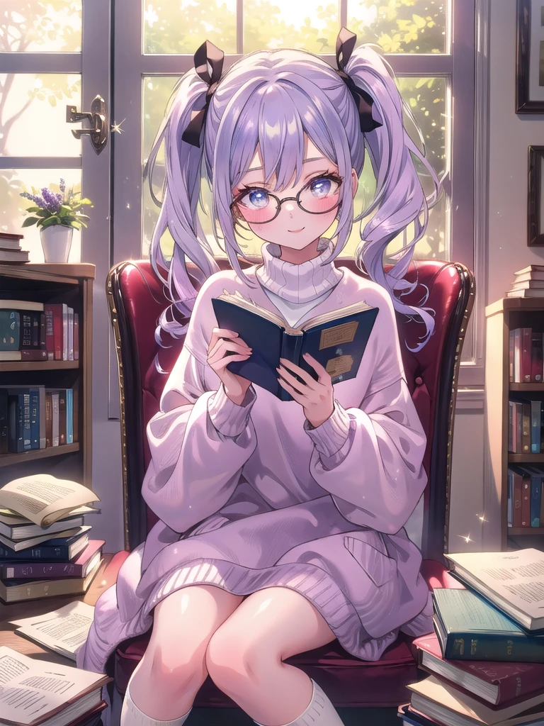 ((8k, Highest quality, masterpiece: 1.3)),Ultra-high resolution,(1 girl, alone), (Color changing eyes, Ultra-detailed, Expressive brilliance, Glitter, Glowing Eyes), Highly detailed eyes, Highly detailed face, Random Hair, ((pastel colour)),A joyful young woman with pastel lavender hair styled into twin ponytails, sitting on the floor of her sunlit bedroom during a bright morning. She is dressed in a simple yet subtly sexy bookworm cosplay, wearing an oversized sweater, knee-high socks, and a pair of glasses perched on her nose. The camera captures her from a slightly elevated angle as she smiles gently while reading a book, her expression full of warmth and curiosity. The room is filled with natural sunlight, with a cozy blanket draped over a chair, a stack of books beside her, and a calm, intellectual atmosphere.



