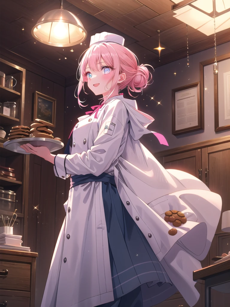 ((8k, Highest quality, masterpiece: 1.3)),Ultra-high resolution,(1 girl, alone), (Color changing eyes, Ultra-detailed, Expressive brilliance, Glitter, Glowing Eyes), Highly detailed eyes, Highly detailed face, Random Hair, ((pastel colour)),A beaming young woman with pastel pink hair styled into a messy bun, standing by her desk in her softly lit bedroom during a quiet evening. She is dressed in a sweet yet subtly sexy chef cosplay, wearing a white chef's coat, a pair of fitted pants, and a small chef's hat. The camera captures her from a side angle as she holds a whisk with a bright smile, her expression full of enthusiasm and creativity. The room is warmly lit by a desk lamp, with a few cookbooks on the desk, a small tray of cookies, and a cozy, culinary atmosphere.