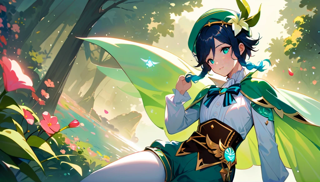 (best quality,4k,8k,highres,masterpiece:1.2),1boy,venti genshin impact,flat chest,ultra-detailed,realistic,holy lyre,translucent morning of spring,sunlight reflection,body details,delicate strings,vibrant color palette,elegant curves,polished surface,delicate engravings,effects of light and shadow,subtle reflections,shimmering surface,sparkling gemstones,flower petals falling,floral patterns,emerald accents throughout,transparent springtime essence,ethereal atmosphere,peaceful garden background,serene ambiance,morning dew,soft sunlight filtering through trees,lush greenery,vividly colored blossoms,harmonious blend of nature and art,impeccable craftsmanship,transcendent beauty,awe-inspiring artwork,green cape,white long sleeved shirt,leather corset,(puffy green shorts),(plain white tights),green hat