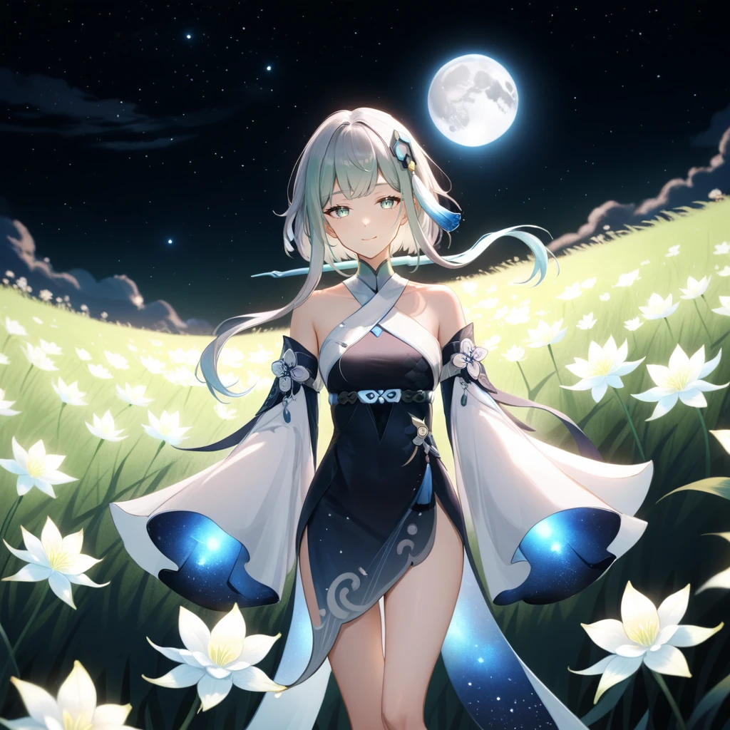 1girl, guizhong_\(genshin_impact\),light grey hair,short_hair_with_long_locks,starry_sky_print,detached_sleeves, long sleeves_past_fingers,hanfu,illustrated by matsuryuu and agahari and dsmile,pale blue eyes,stunning field of softly glowing blue and white glaze lilies,night scene,gentle smile,moonlight,glossy lips,vivid anime coloring,cel shading,smooth, soft dreamy focus,anklet,halter_top,white clothes,highly detailed,digital painting,field of flowers,bare_shoulders,wlop,barefoot,cool night tones, magical night scene,masterpiece, best quality, film, professional, 4k, highly detailed,Guardian nebula of rainbow light and silvery vapor,starry,cosmic,goddess,rich color,hdr,silver moon,

A woman shrouded in mystery, Stand gracefully on the endless shore, Surrounded by shimmering stardust, The bell Creates a faint glow in the haze. Her face, Full of expression and depth
