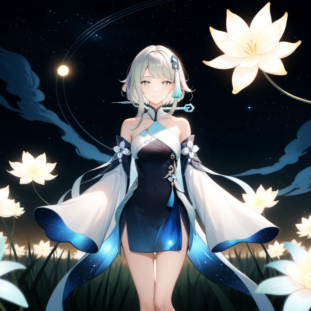 1girl, guizhong_\(genshin_impact\),light grey hair,short_hair_with_long_locks,starry_sky_print,detached_sleeves, long sleeves_past_fingers,hanfu,illustrated by matsuryuu and agahari and dsmile,pale blue eyes,stunning field of softly glowing blue and white glaze lilies,night scene,gentle smile,moonlight,glossy lips,vivid anime coloring,cel shading,smooth, soft dreamy focus,anklet,halter_top,white clothes,highly detailed,digital painting,field of flowers,bare_shoulders,wlop,barefoot,cool night tones, magical night scene,masterpiece, best quality, film, professional, 4k, highly detailed,Guardian nebula of rainbow light and silvery vapor,starry,cosmic,goddess,rich color,hdr,silver moon,

A woman shrouded in mystery, Stand gracefully on the endless shore, Surrounded by shimmering stardust, The bell Creates a faint glow in the haze. Her face, Full of expression and depth
