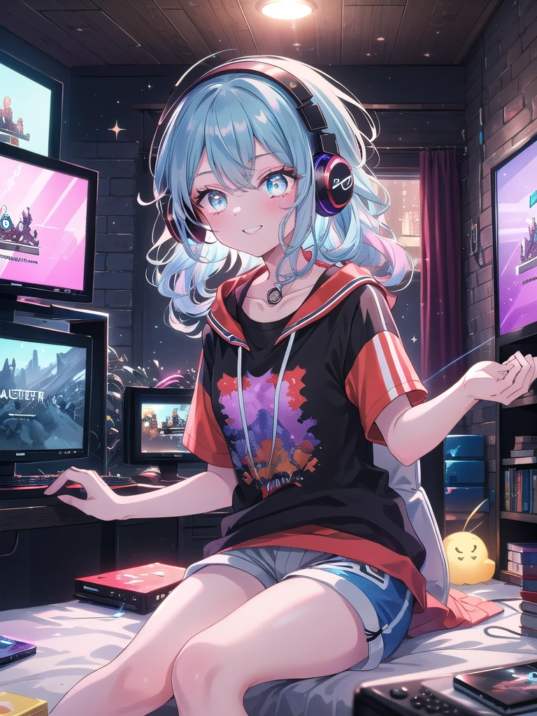 ((8k, Highest quality, masterpiece: 1.3)),Ultra-high resolution,(1 girl, alone), (Color changing eyes, Ultra-detailed, Expressive brilliance, Glitter, Glowing Eyes), Highly detailed eyes, Highly detailed face, Random Hair, ((pastel colour)),A playful young woman with pastel blue hair styled into loose curls, sitting on her bed in her softly lit bedroom during a late evening. She is dressed in a simple yet subtly sexy gamer cosplay, wearing a fitted T-shirt with a gaming logo, a pair of shorts, and headphones resting around her neck. The camera captures her from a slightly low angle as she grins while holding a game controller, her expression full of excitement and focus. The room is dimly lit by a gaming monitor, with a few gaming posters on the wall, a small collection of games on a shelf, and an energetic, immersive atmosphere.