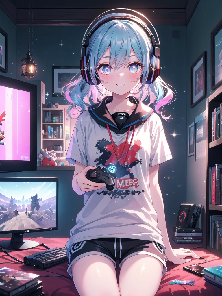 ((8k, Highest quality, masterpiece: 1.3)),Ultra-high resolution,(1 girl, alone), (Color changing eyes, Ultra-detailed, Expressive brilliance, Glitter, Glowing Eyes), Highly detailed eyes, Highly detailed face, Random Hair, ((pastel colour)),A playful young woman with pastel blue hair styled into loose curls, sitting on her bed in her softly lit bedroom during a late evening. She is dressed in a simple yet subtly sexy gamer cosplay, wearing a fitted T-shirt with a gaming logo, a pair of shorts, and headphones resting around her neck. The camera captures her from a slightly low angle as she grins while holding a game controller, her expression full of excitement and focus. The room is dimly lit by a gaming monitor, with a few gaming posters on the wall, a small collection of games on a shelf, and an energetic, immersive atmosphere.