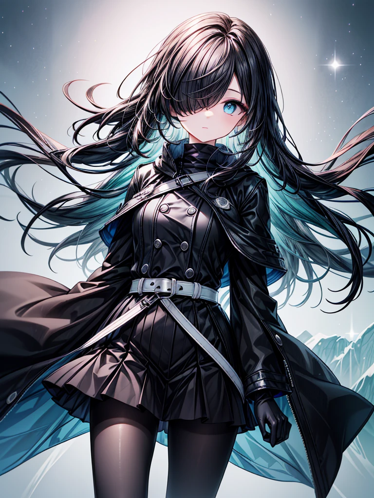 ((flame sword)),((Celestial Glacier)),((masterpiece)),((light particles)),((black micro mini length skirt),((alone)),(Serene),((Deep blue pupils)),((sparkling eyes)),(Beautiful Blue Eyes),((Wearing a black coat)),(((Wearing black tights))),(Slim body),((length, Shiny black hair)),((Her left eye is completely hidden by her bangs)),((Her hair is parted, and you can see her eyes through it)),((Wearing black gloves)),((hair over one eye,long hair)),((Hair blowing in the wind)