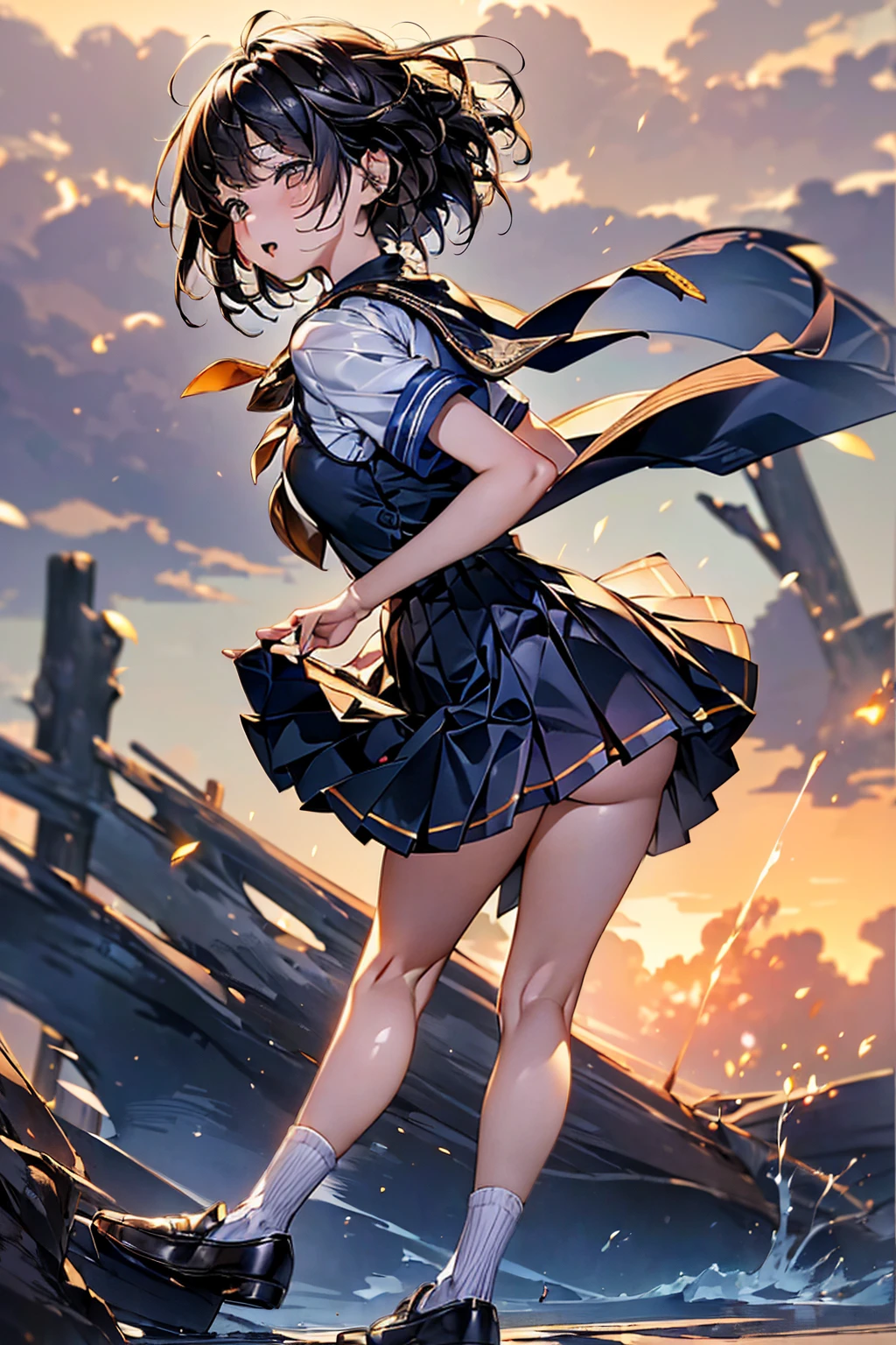 Browsing Caution,​(Highest quality, 8k, masterpiece:1.3,beautiful girl), (Very detailed)Glowing Skin,(((Female 1))),((Short sleeve, cute navy sailor suit, Navy Pleated Skirt, Navy sailor collar, Blue Sailor Scarf, socks, Brown Loafers)), running、Mr.... Turning,(Perfect Anatomy, Anatomically correct, Very detailed肌),((Golden Eyes)),((Perfect Fingers,Five Fingers)),((Black Hair,Bobcut,)),Natural Makeup,Smile in full bloom、Rear View、cheeks turn a little red,Seaside、Hair blowing in the wind、Stroking her hair back