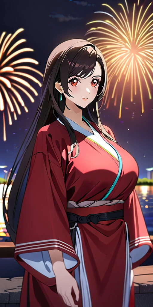 (((((tifa lockhart:1.5))))),((Highest quality、masterpiece、anime style、best quality、high resolution、8k、detailed、ultra-detailed:1.3))、Long legs:1.2, Beautiful woman with perfect figure:1.4、(Smiling:1.2), double eyelid、30-year-old female、((((One Woman,beautiful face,Beautiful face:1.5)))),Big Breasts、High resolution, accurate, Anatomically correct, High-resolution model, high quality, Very detailed, Ultra high definition、Black Hair、Straight Hair、Long Hair、(((long kimono、night,fireworks:1.5)))
