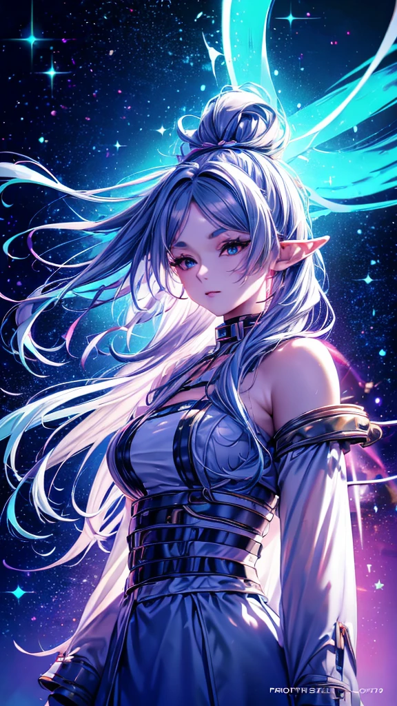 1 person, 20-year-old girl, One person, (Silver Hair), Long pointed ears、Elf、(Gradient sky blue hair tip:1.6), hair, Ridiculously long hair, Single Side Lock, Wavy Hair, Shine髪, Floating Hair, (Fantastic deep purple eyes), Delicate eyes, Aqua Eye, Very fine eye, Long upper eyelashes, ((Glowing Eyes)), compensate, Focus on the face, Highly detailed facial, Pretty face, Perfect breasts, Hot body, (Delicate skin texture:1.2), break, White extra long skirt, Fashion Clothing, necklace, Technical clothing masterpiece, on the road, Gazing at the starry sky, meteor, cyber punk, Detailed Background, The perfect layered cut, clean focus, (magazine:1.3), (Cover Style:1.3), Octane Rendering, Tyndall effect, Real, Dark studio, Side light, 2-color illumination, realism, Chiaroscuro, (Shine光), Shine, Ray Tracing, Cinema Lighting, Futurism, Motion Blur, Atmospheric perspective, Depth of written boundary, Bokeh, Highest quality, 超High resolution, Super Detail, masterpiece, High resolution, Accurate, retina, Anatomically correct
