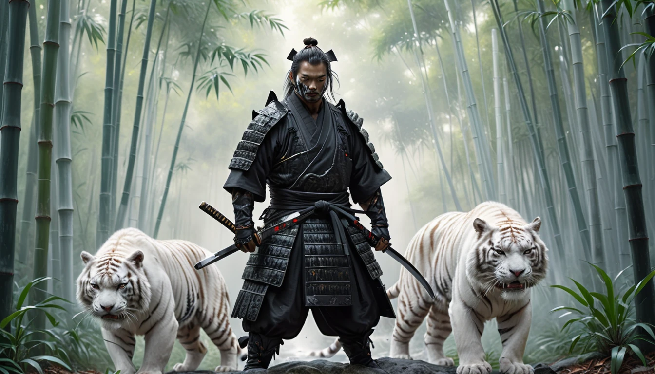 Realistic oil painting, samurai dressed in black holding a shining magical katana standing next to his raging white tiger in the middle of a white bamboo forest, ultra HD, 8k, insane details,