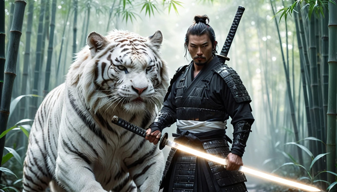 samurai dressed in black holding a shining magical katana standing next to his raging white tiger in the middle of a white bamboo forest, ultra HD, 8k, insane details,