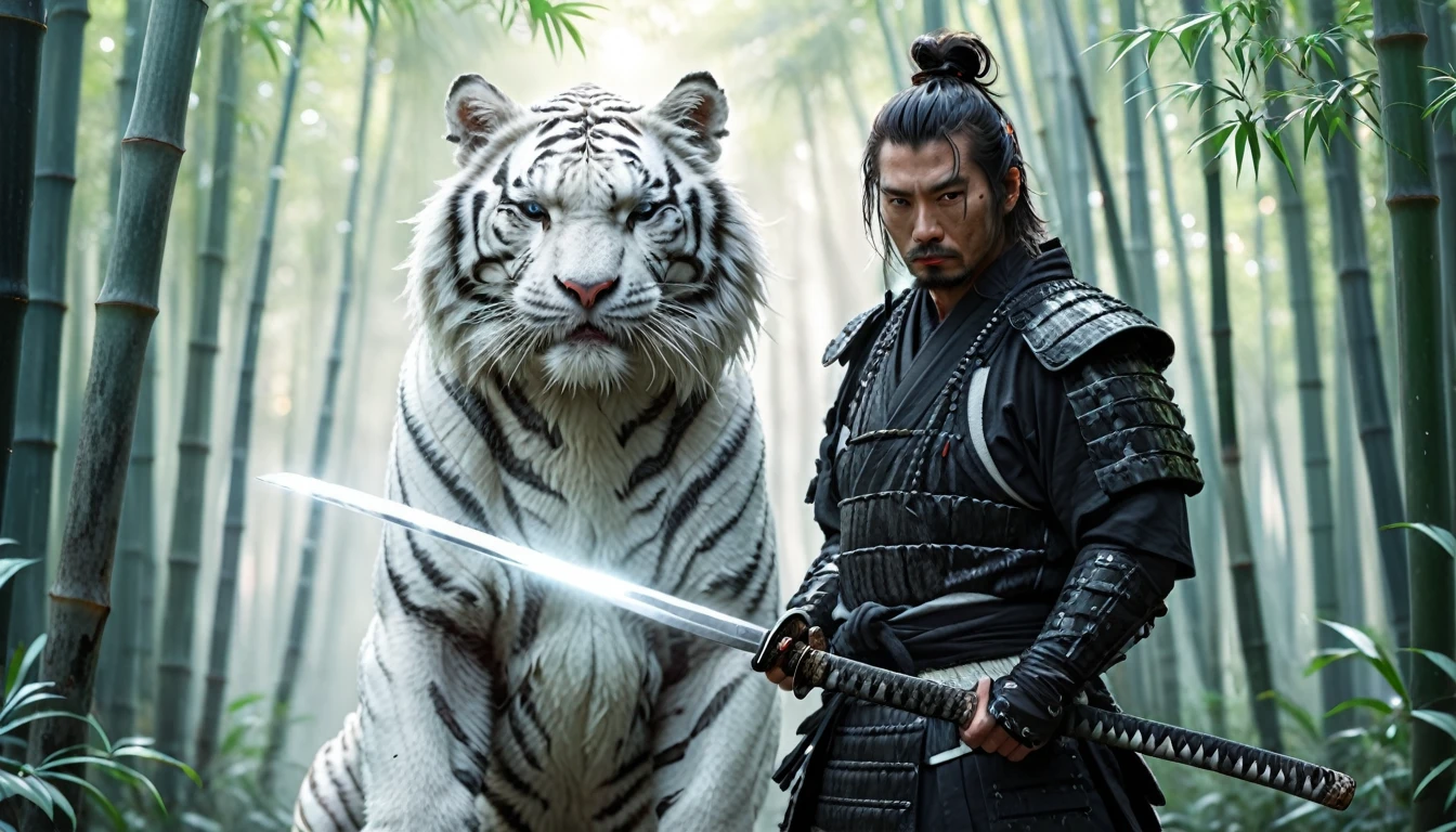 samurai dressed in black holding a shining magical katana standing next to his raging white tiger in the middle of a white bamboo forest, ultra HD, 8k, insane details, 