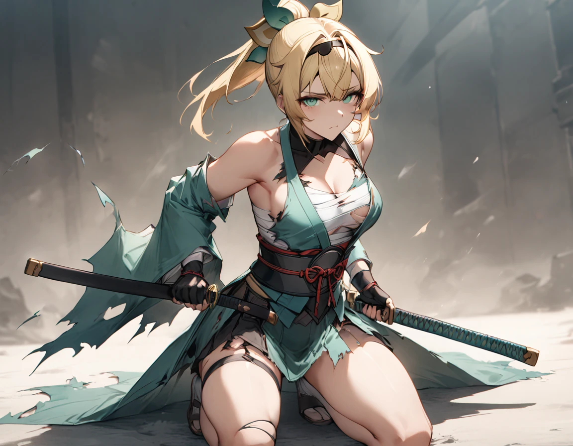best quality,ultra detailed,extremely detailed and beautiful,perfect ???????,perfect hands,(kazama iroha ),embarrassed,green eyes, blonde hair,ponytail, green hair ribbon,fingerless gloves,sarashi,white thighhighs,japanese clothes,Swinging the katana,(torn clothes:1.6),sit,one Kneeling,BREAK,iaidow,weapon, katana, holding sword,