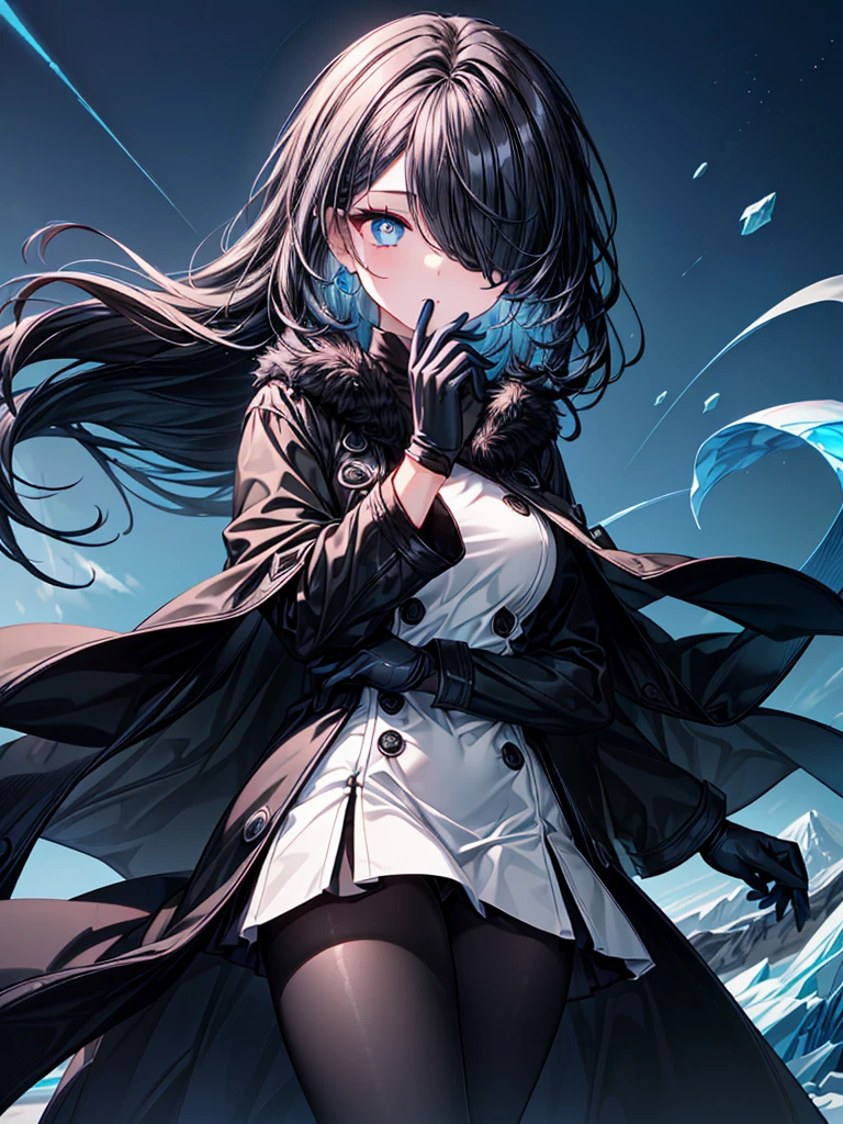 ((spell casting)),(((Celestial Glacier))),((masterpiece)),((light particles)),((black micro mini length skirt),((alone)),(Serene),((Deep blue pupils)),((sparkling eyes)),(Beautiful Blue Eyes),((Wearing a black coat)),(((Wearing black tights))),(Slim body),((length, Shiny black hair)),((Her left eye is completely hidden by her bangs)),((Her hair is parted, and you can see her eyes through it)),((Wearing black gloves)),((hair over one eye,long hair)),((Hair blowing in the wind)
