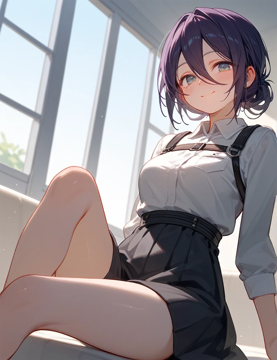 (from below:0.6), score_9_up,score_8_up,((Reze)), 1girl, solo,((blush)), closed mouth, smile, medium breast, pose, ((sitting)), (thin girl:1.2),