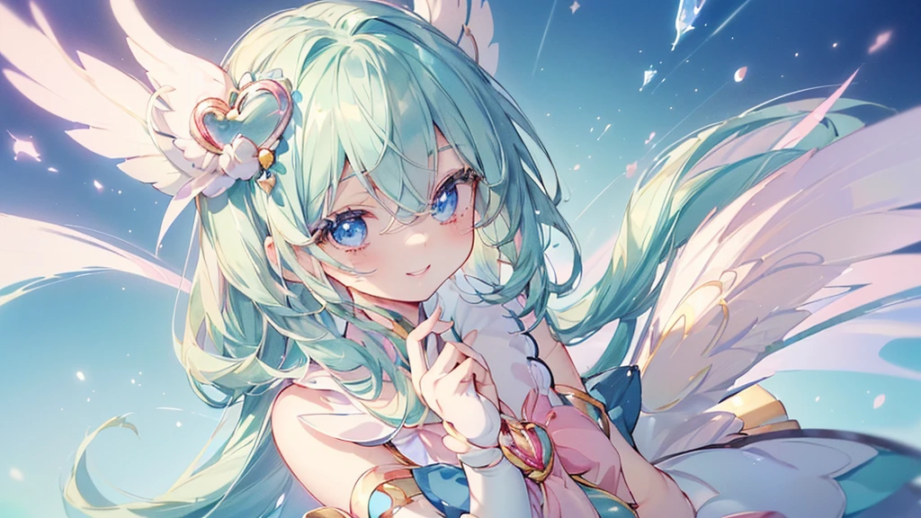 (Top view,Spread your hands), (((Highest quality、masterpiece、Ultra-fine、Ultra-fine、髪UP,Green Hair,Exquisite、16K,顔UP,Look up,The best smile,Full HD,)), ( ((summer,One person,かわいいMagical girl,)))Blue Eyes、Long eyelashes、White skin、(Pale pink lips、Pale pink cheeks、thin and long)、 ((((かわいいMagical girl,The best smile)), (One person)) 、(blue sky)) 、 ((Magical girl)、