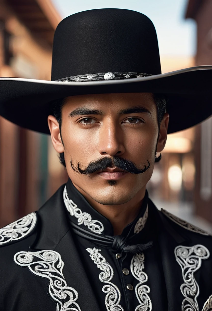 1 man, tan skin, black hair, tapered slick back hairstyle, black mariachi outfit with white color accents, curly handlebar mustache, black cowboy hat, extremely detailed face and eyes, highly detailed, portrait, photo-realistic, hyperrealistic, dramatic lighting, cinematic, epic, masterpiece