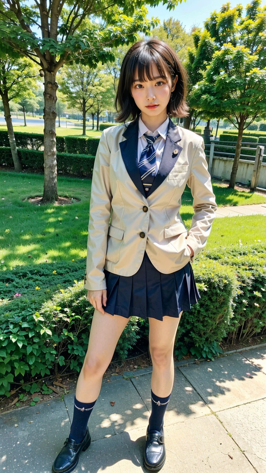 (8k、RAW Photos、Highest quality、masterpiece:1.2)、(Realistic、Realistic)、1 person、((blazer、Medium Hair、shirt、Schoolgirl uniform、loafers、Navy Socks、Check mini skirt、garden、View from the front、Looking into the camera、Hands on your hips))、cute