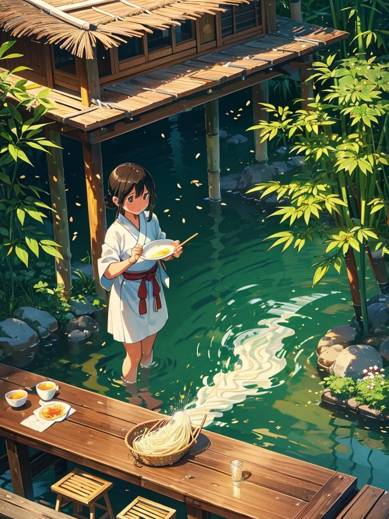 High resolution,High resolution,high quality,"Nagashi seeds" is one of Japan's fun traditional summer activities. It typically involves using a long, split bamboo trough, which serves as a "flowing platform." Cold water flows from the top to the bottom of the bamboo, carrying along thin white noodles called "seeds."
Participants use chopsticks to catch the seeds noodles as they flow down with the water. Since the noodles are carried by the water, you have to be quick to catch them before they slip away. Nagashi seeds is usually enjoyed outdoors, making it perfect for cooling down on a hot summer day.
This event is great for enjoying with friends and family, often turning into a friendly competition to see who can catch the most noodles. Nagashi seeds is not just about eating but also about enjoying a playful and communal experience, making it a unique part of Japanese culture.