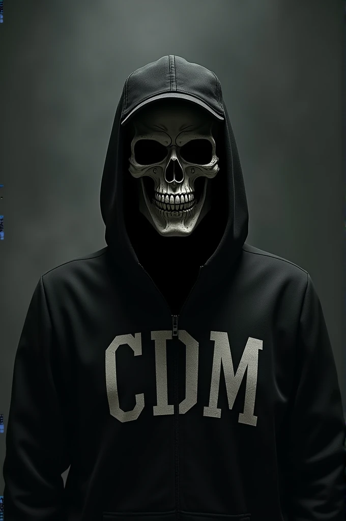man with skull mask with black cap with a vest that says CDM