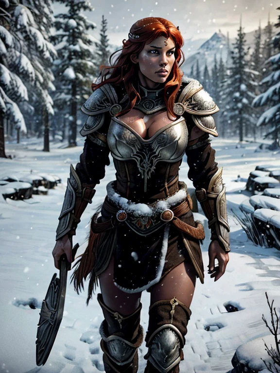 aela the huntress with long red hair in ancient nord armor, breastplate , cleavage, beautiful face, young body, slim athletic body, standing in a snowy field, holding a bow, winter landscape, dramatic lighting, detailed facial features, intricate armor details, volumetric snow, glowing magical runes, cinematic composition, mist, cold atmosphere, photorealistic, 8k, highly detailed, masterpiece, ((beautiful detailed eyes))