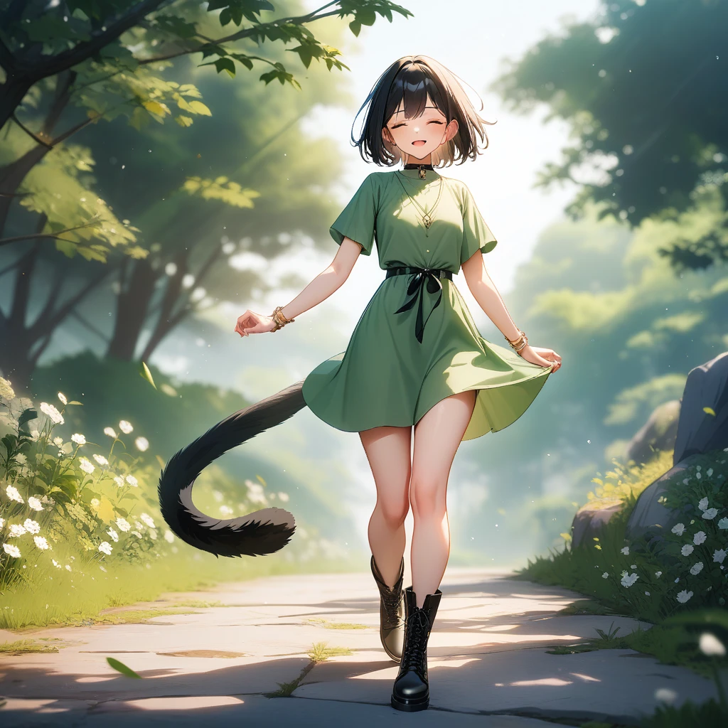 green dress short sleeves black boots, tny-atla, closed eyes,tail, bracelets, full body, solo, 1girl, outdoors, masterpiece, best quality, very aesthetic, absurdres 