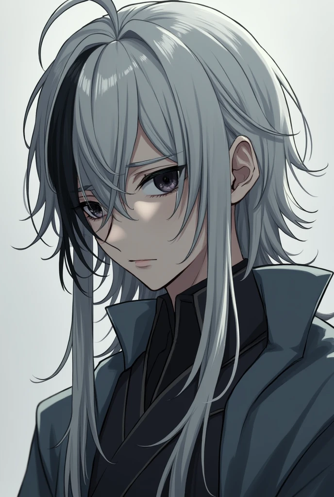 1boy, White hair with black strands ,long hair, black eyes, grey haori, calm, tired, tall, grey clothes, face shot, face, sharp eyes, black eyes, missing left eye, left eye covered, missing left eye, demon slayer uniform,