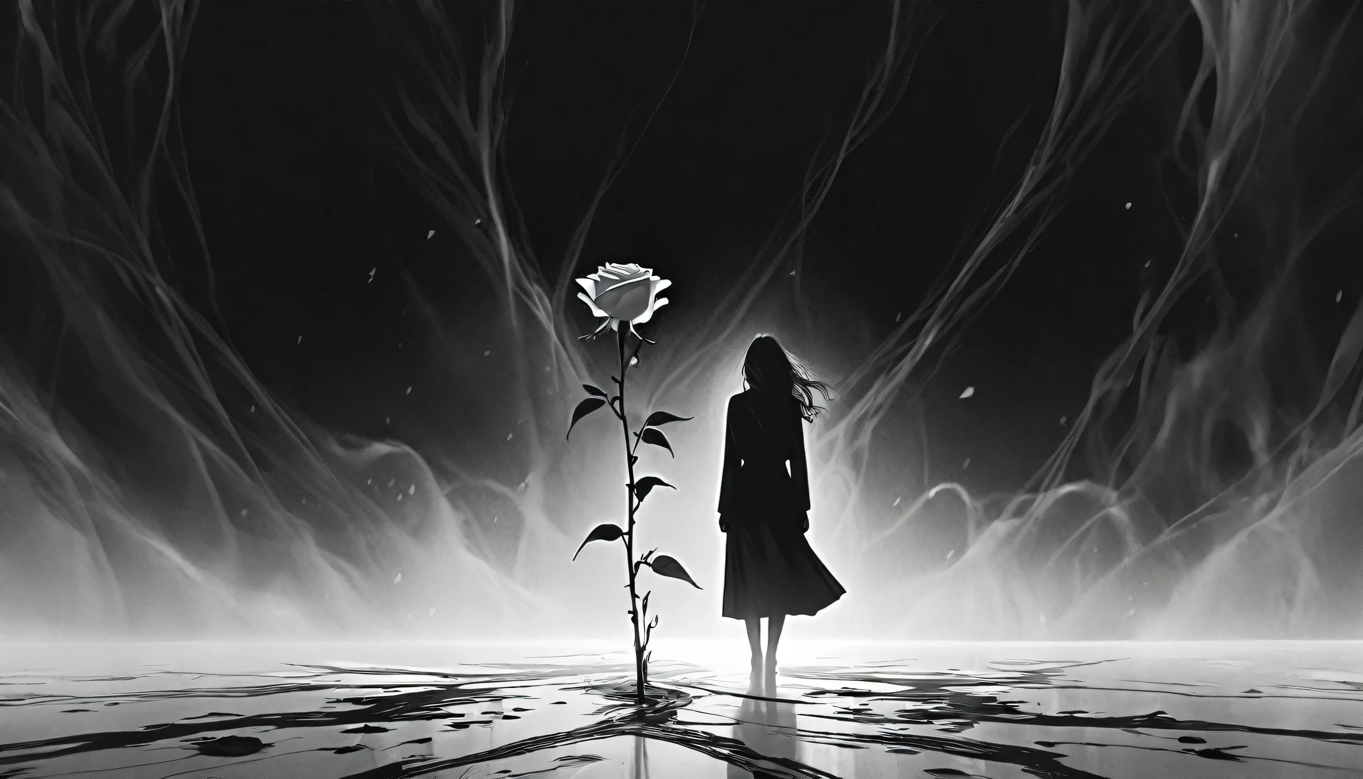 A solitary figure holding a wilting rose, petals falling around them, minimalist Journey,highres,ultra-detailed,realistic,portrait,monochrome,contrast,bold lines,dark atmosphere,simple composition,dramatic lighting,expressive face,subtle emotions,striking gaze,intense stare,simple clothing,mysterious background,haunting beauty,graceful pose,mysterious aura,vivid black and white tones,ethereal,concept art,journey of self-discovery,quiet introspection,depth of the soul,symbolic representation,minimalist environment,subtle details,emotional depth,striking simplicity,balance of light and darkness,surreal experience,striking shadows,subtle textures,detailed expression,striking visual impact,straightforward yet thought-provoking,wide range of emotional interpretation,shadow,anatomical correct:2