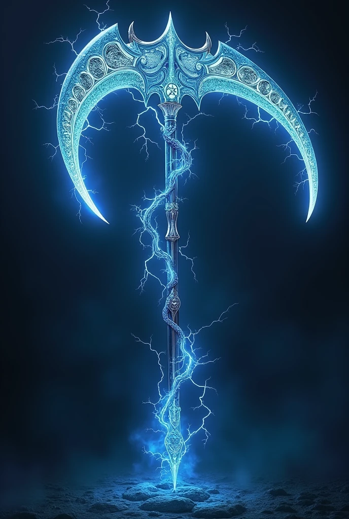 create this object, A double scythe that generates electrical storms when spun, the metallic material appears to stretch and mold into a new shape, maintaining the electric blue glow in details and edges, with engraved symbols that glow with electricity.