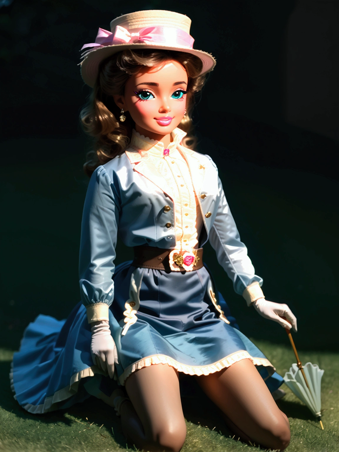 (masterpiece), (realistic), (((NSFW))). (ultra hd 8k), (realistic body proportions) Barbie as a pretty **** girl wearing her Victorian school uniform. Year 1895. 1890_dress. High-collar long sleeve white shirtwaist cuffed into a sash, cameo brooch, light blue shirt cloak over her shoulders, elegant straw boater hat, pink gloves, knee-high light blue skirt, petticoats, silk stockings with garters, ankle boots. Long curly brunette hair. Short skirt. Wasp waist.Light brown skin. Delicately holding a parasol. (((Laying on grass, legs open. Full body)))