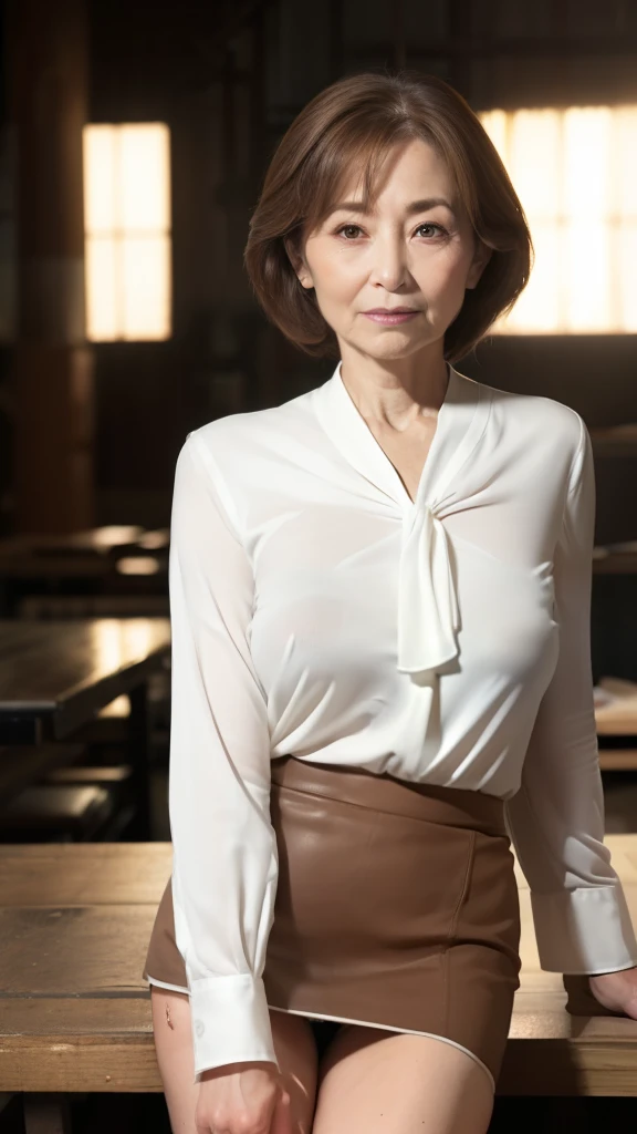 High resolution, High resolution, Attention to detail, masterpiece,(Middle-aged person), Anatomically correct, sharp, ((Japanese Mature)),(80 years old:1.3),(Facial wrinkles), Shapely breasts,Fair skin, Light brown hair,(Semi-long hair), bangs,(((Stand upright, facing the center))),Look at the photographer, Open your mouth and stare straight ahead,(White blouse:1.4),(Tight Skirt:1.3),(Sitting),(Thighs:1.1),Inside the warehouse,(Serious expression),(old woman:1.3),(Mature prostitute:1.5)