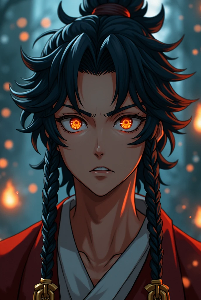 Prompts Copiar prompts absurdos, high resolution, ultra detaild, HDR, work of art, best qualityer, extremly detailed face and eyes, Rengoku Kyojuro, Bblack hair, detailed braids, less hair, expressive orange eyes, African traits, Kimetsu no Yaiba, standing alone, sexy man, bonitas, fancy, chains, fire flies