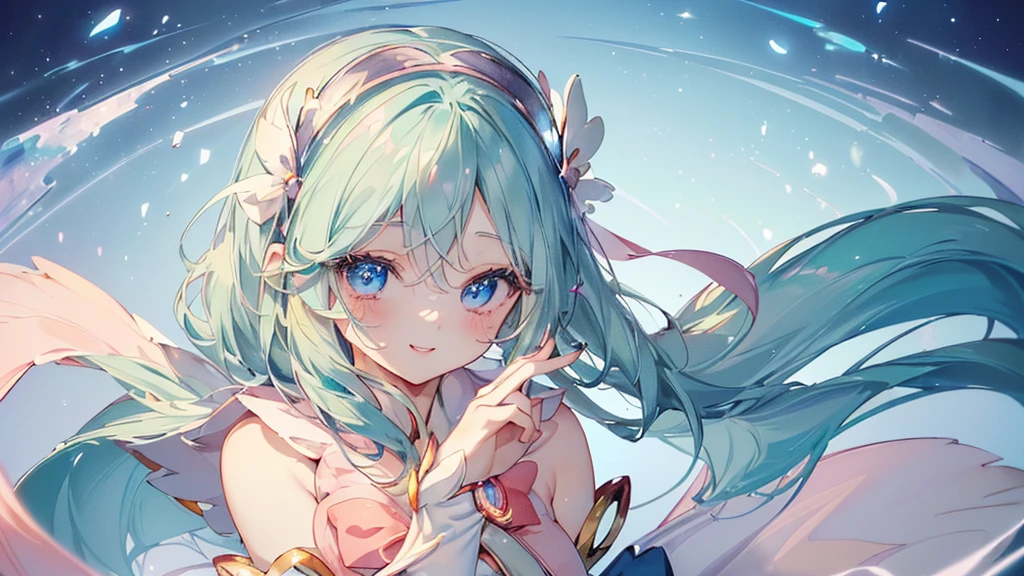 (Top view,Spread your hands), (((Highest quality、masterpiece、Ultra-fine、Ultra-fine、髪UP,Green Hair,Exquisite、16K,顔UP,Look up,The best smile,Full HD,)), ( ((summer,One person,かわいいMagical girl,)))Blue Eyes、Long eyelashes、White skin、(Pale pink lips、Pale pink cheeks、thin and long)、 ((((かわいいMagical girl,The best smile)), (One person)) 、(blue sky)) 、 ((Magical girl)、