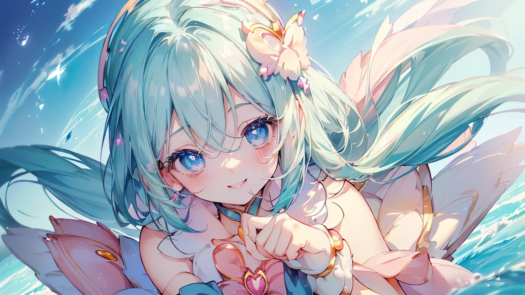 (Top view,Spread your hands), (((Highest quality、masterpiece、Ultra-fine、Ultra-fine、髪UP,Green Hair,Exquisite、16K,顔UP,Look up,The best smile,Full HD,)), ( ((summer,One person,かわいいMagical girl,)))Blue Eyes、Long eyelashes、White skin、(Pale pink lips、Pale pink cheeks、thin and long)、 ((((かわいいMagical girl,The best smile)), (One person)) 、(blue sky)) 、 ((Magical girl)、