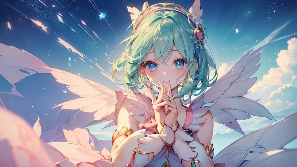 (Top view,Spread your hands), (((Highest quality、masterpiece、Ultra-fine、Ultra-fine、髪UP,Green Hair,Exquisite、16K,顔UP,Look up,The best smile,Full HD,)), ( ((summer,One person,かわいいMagical girl,)))Blue Eyes、Long eyelashes、White skin、(Pale pink lips、Pale pink cheeks、thin and long)、 ((((かわいいMagical girl,The best smile)), (One person)) 、(blue sky)) 、 ((Magical girl)、