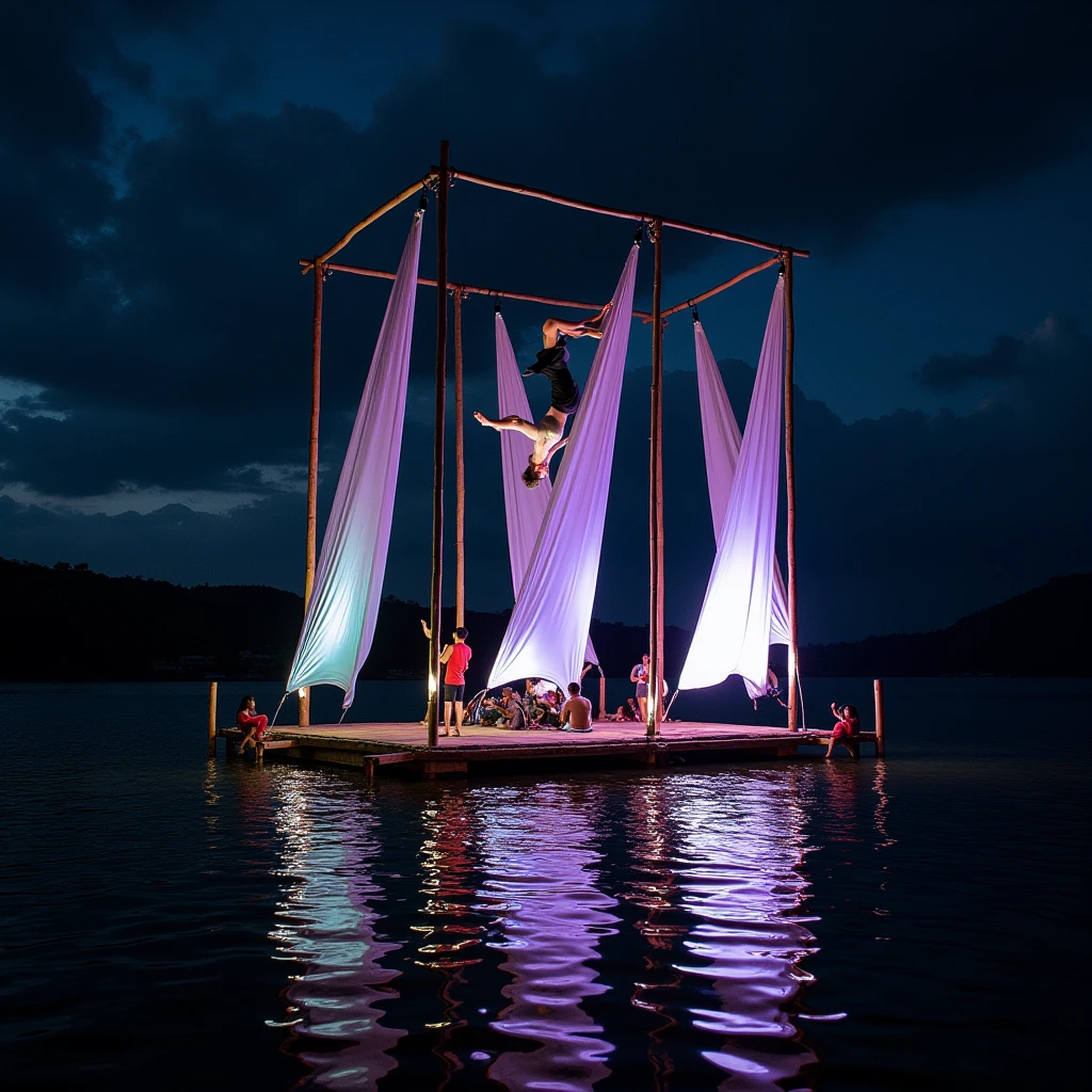 Aerial drone photo of a night aerial fabric circus show on Lake Atitlan . The stage is a platform composed of several floating bamboo rectangles with sails on a bamboo structure on which videos are projected.. The audience watches the show from Panarachel motor boats
