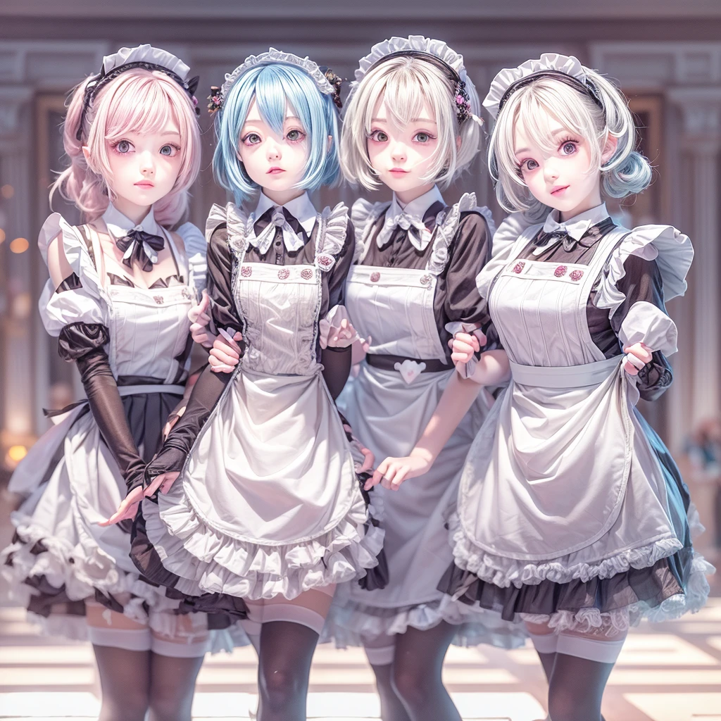(Full Body of Extremely Detailed((Kawaii Maid Group in a row:1.37))), Childish perfect face, Reflective Eyes, Detailed(Delicate Clothing textures), Correct Leg Line, Dynamic Joyful Expressions LifeLike Rendering, Specular Reflection, TopQuality 8K Ultra-detailed masterpiece (ProfessionalPhoto:1.37), (Acutance:0.8), (Luminism:1.28), (Renaissance art style), Colorful Light particles, ((Full body from side)), {MicroMini(SkirtLift)|Kissing|Breast Lifting|Undressing|Thigh Gap}, Radiant Fine Skin with Transparency, (Exposed:0.5), (Different types of Anime hair color){Pink Hair|Light Blue Hair|Pure White Hair}, Perfect Lighting