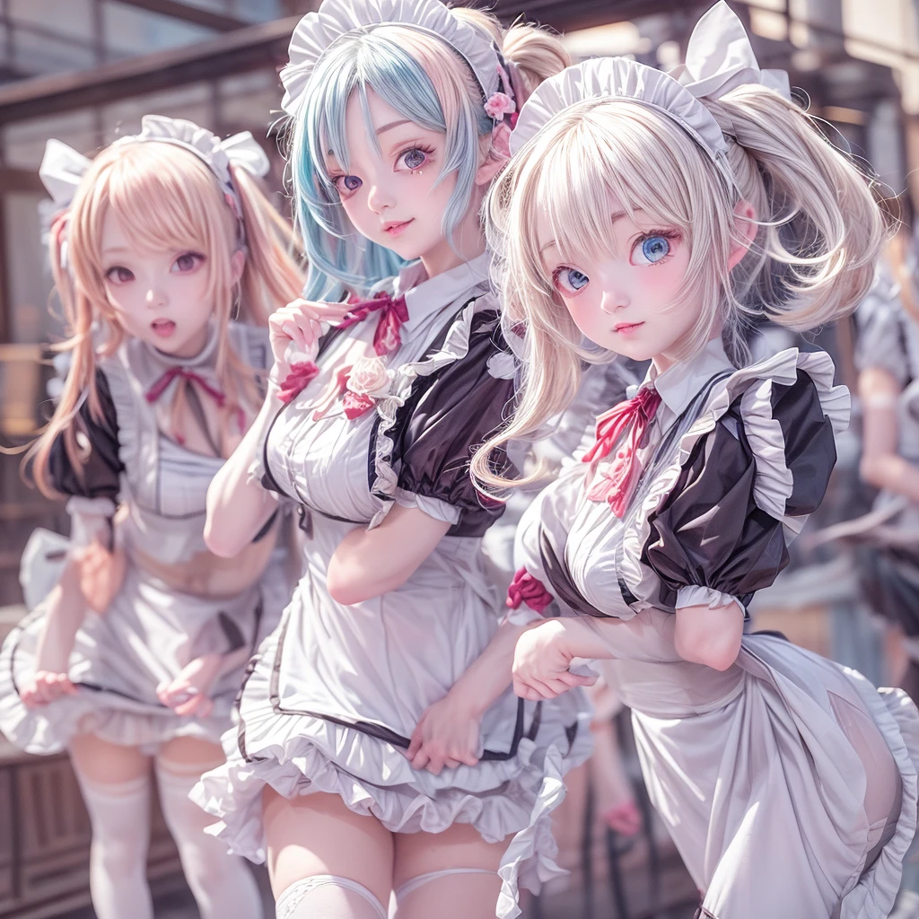 (Full Body of Extremely Detailed((Kawaii Maid Group in a row:1.37))), Childish perfect face, Reflective Eyes, Detailed(Delicate Clothing textures), Correct Leg Line, Dynamic Joyful Expressions LifeLike Rendering, Specular Reflection, TopQuality 8K Ultra-detailed masterpiece (ProfessionalPhoto:1.37), (Acutance:0.8), (Luminism:1.28), (Renaissance art style), Colorful Light particles, ((Full body from side)), {MicroMini(SkirtLift)|Kissing|Breast Lifting|Undressing|Thigh Gap}, Radiant Fine Skin with Transparency, (Exposed:0.5), (Different types of Anime hair color){Pink Hair|Light Blue Hair|Pure White Hair}, Perfect Lighting 