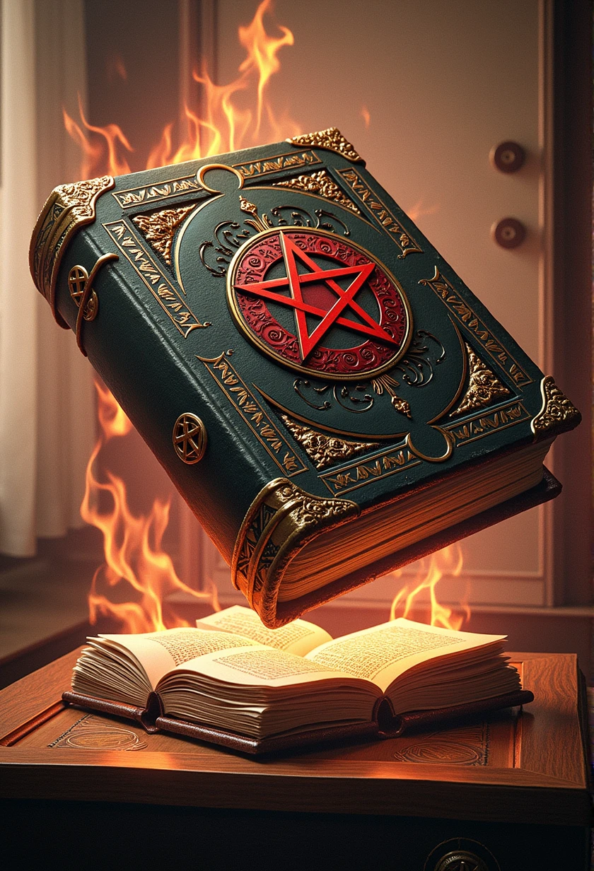 There is an image of a book with a red pentagram on it, spell book, Grimoire Page, grimoire, pentacle, Intricate secret Wiccan patterns, The Ritual of Demonic Magic, Home Wicca Scene, Chaos Magic, Floating Spell Book, Occult aesthetics Alchemy, Style "Necronomicon", Pagan occultism, Grimoire Holding