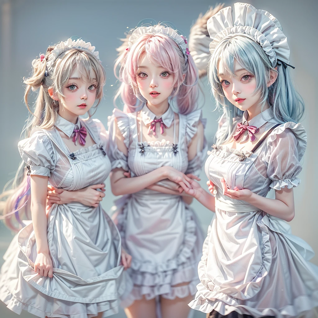 (Full Body of Extremely Detailed((Kawaii Maid Group in a row:1.37))), Childish perfect face, Reflective Eyes, Detailed(Delicate Clothing textures), Correct Leg Line, Dynamic Joyful Expressions LifeLike Rendering, Specular Reflection, TopQuality 8K Ultra-detailed masterpiece (ProfessionalPhoto:1.37), (Acutance:0.8), (Luminism:1.28), (Renaissance art style), Colorful Light particles, ((Full body from side)), {MicroMini(SkirtLift)|Kissing|Breast Lifting|Undressing|Thigh Gap}, Radiant Fine Skin with Transparency, (Exposed:0.5), (Different types of Anime hair color){Pink Hair|Light Blue Hair|Pure White Hair}, Perfect Lighting
