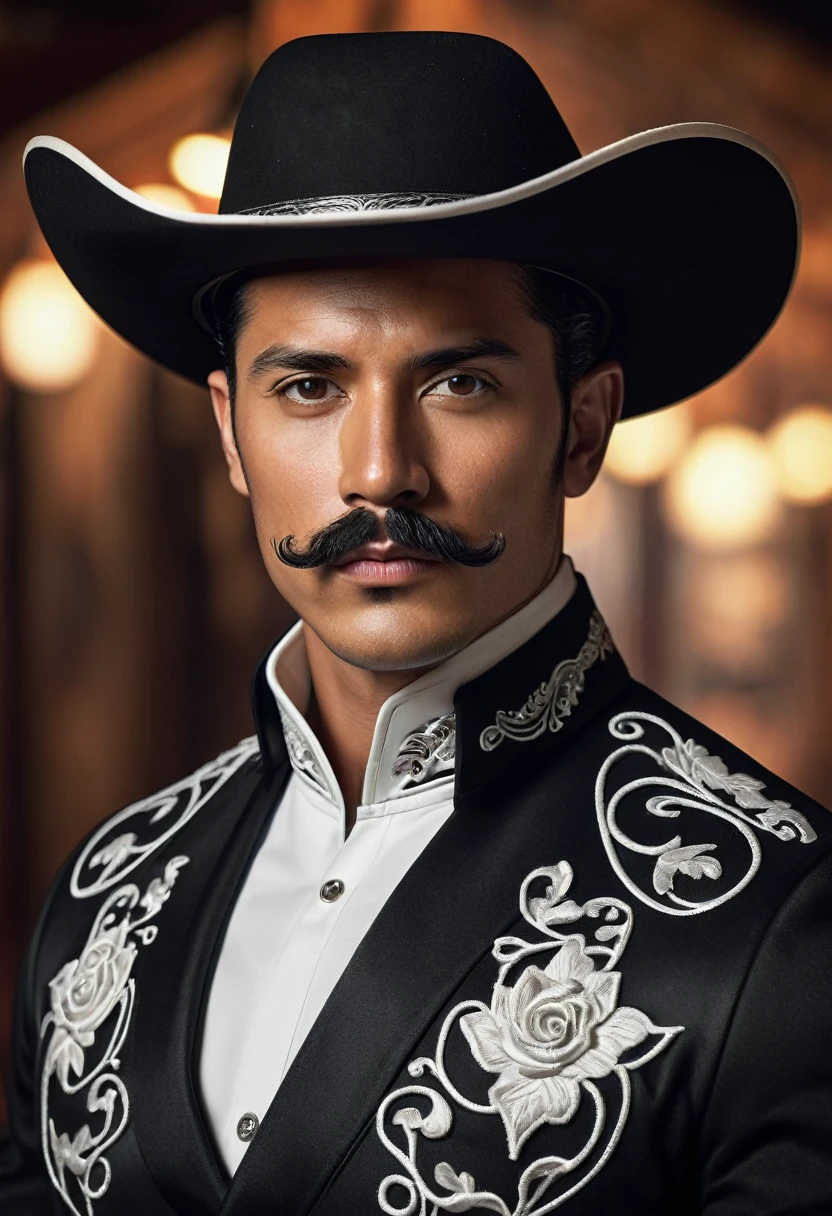 1 man, tan skin, black hair, tapered slick back hairstyle, black mariachi outfit with white color accents, curly handlebar mustache, black cowboy hat, extremely detailed face and eyes, highly detailed, portrait, photo-realistic, hyperrealistic, dramatic lighting, cinematic, epic, masterpiece