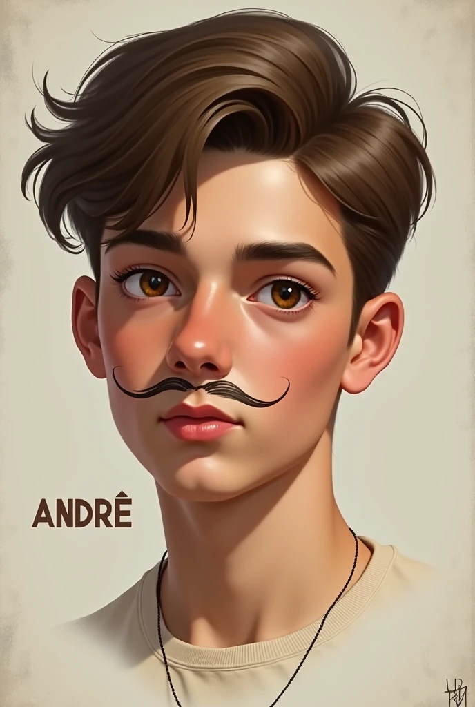 Create an art of a boy with brown hair, hazel eyes with a thin mustache, and put the name ANDRÉ
