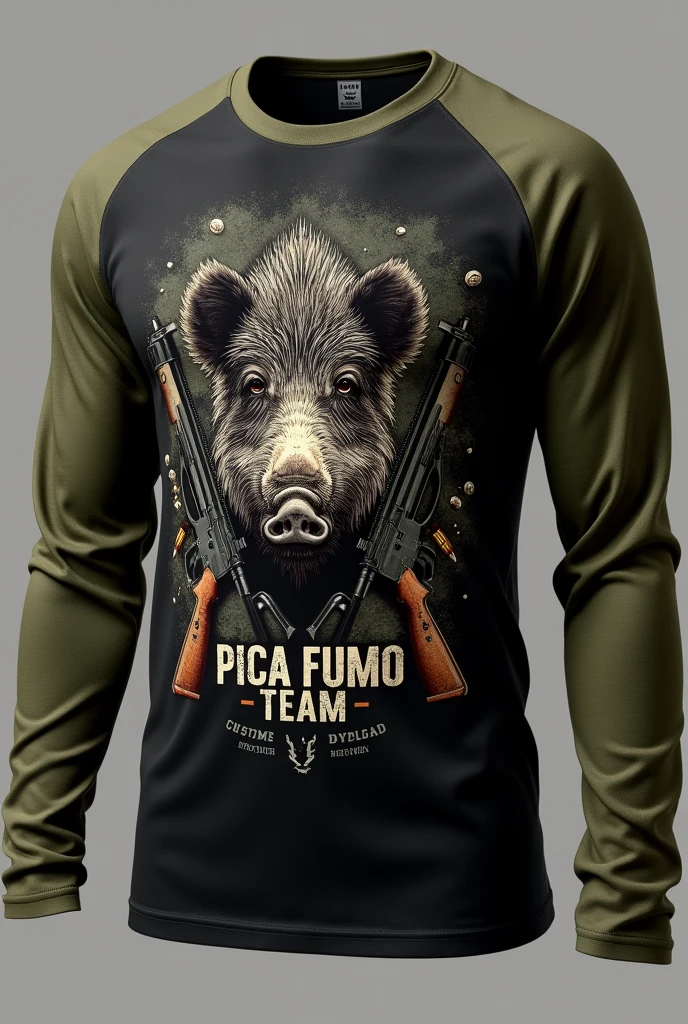 LONG SLEEVE MILITARY T-SHIRT IN BLACK WITH MOSS GREEN SLEEVES AND AN IMAGE OF A BOAR AND REALISTIC 556 RIFLES , Written "PICA FUMO TEAM " SHOT HOLES ADD AMMUNITION