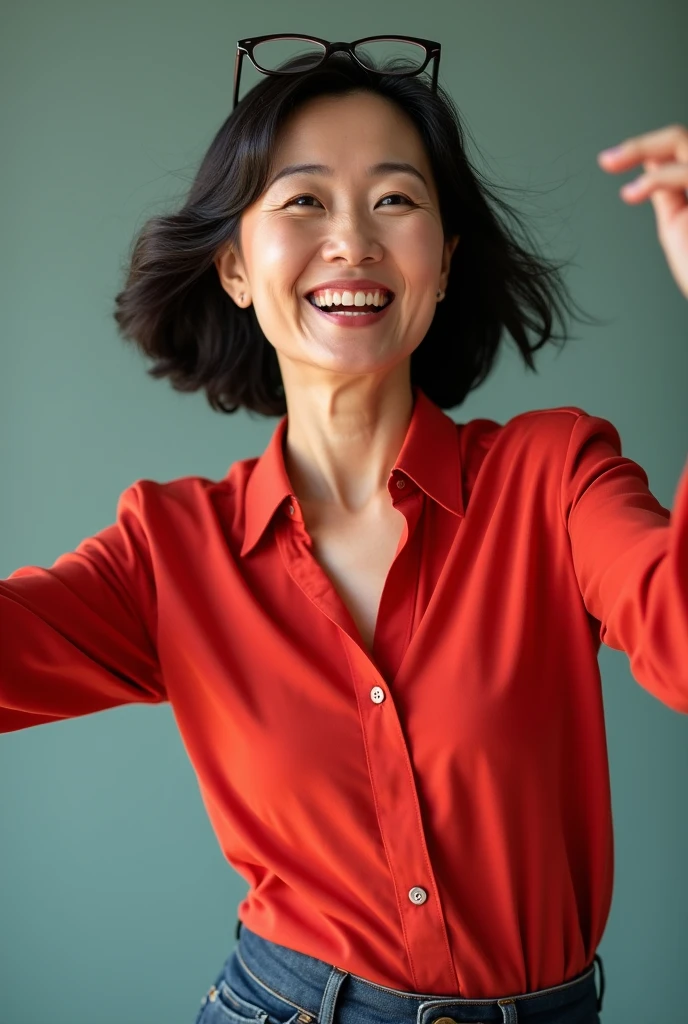 A middle -aged Asian woman, dancing, opening her chest, looking straight, smiling, shoulder hair, glasses on her head, original (best quality, 4K, 8k,), super detailed, (in fact, (in fact, optics, photos, photos), sharp focus, vivid colors, professional