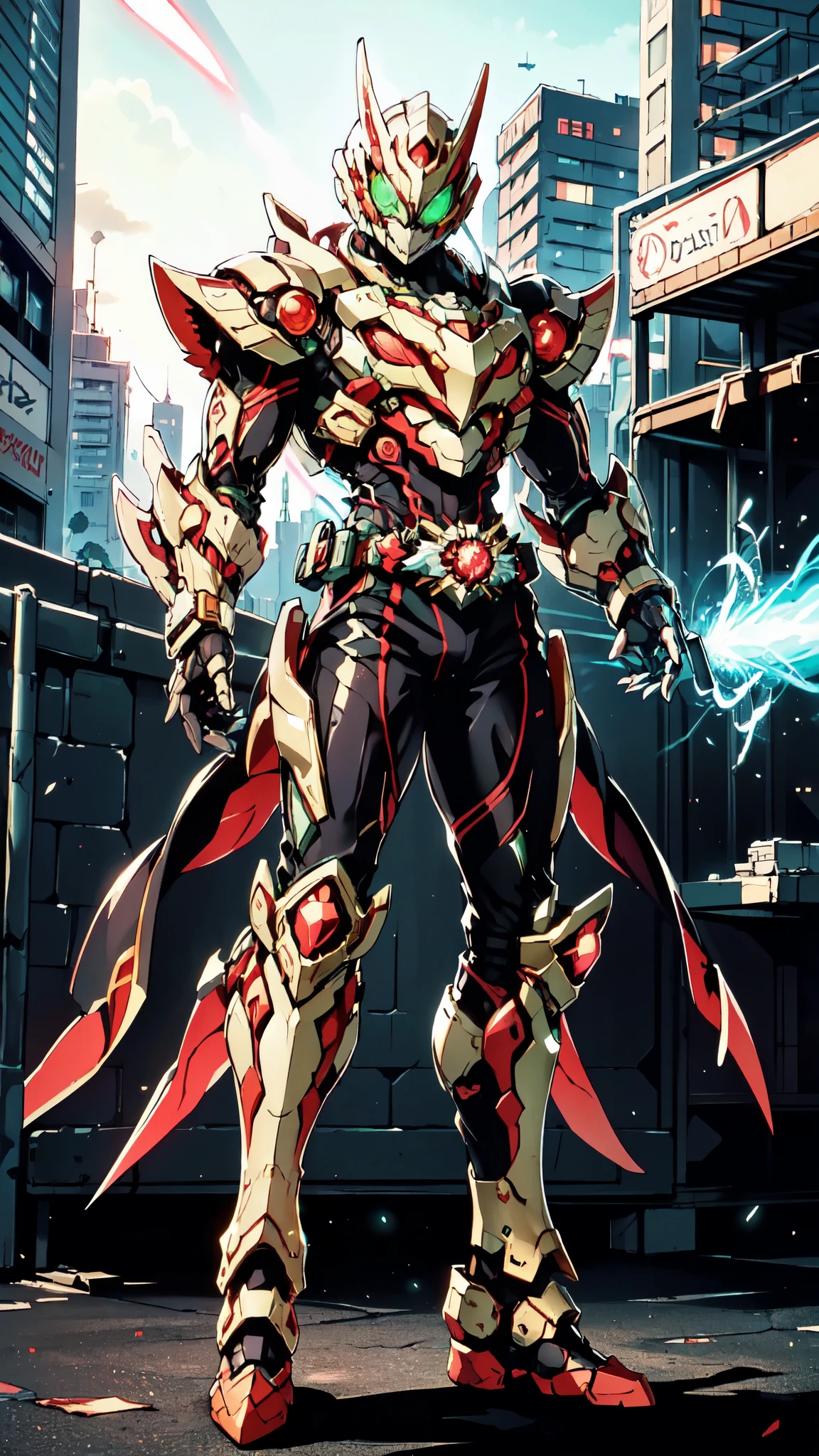 (masterpiece:1.5, best quality:1.5, extremely delicate:1.5), a man wearing a full-face helmet, a fantasy-style biotech armored combat suit, green eyes, (a composite layered chest armor), fully enclosed shoulder guards, matching arm and leg guards, belt of Neon circuit, (the color scheme is primarily black with green and red accents), the design balances heavy with agility, a high-tech bio-mecha armor, (Armor Concept Inspired by Kamen Rider, stand on the top of a skyscraper in a futuristic sci-fi city), this character embodies a finely crafted fantasy-surreal style armored hero in anime style, exquisite and mature manga art style, (element, plasma, energy, the armor glows), ((male:1.5)), metallic, high definition, highres, ultra-detailed, ultra-fine painting, professional, perfect body proportions, golden ratio, anatomically correct, symmetrical face, extremely detailed eyes and face, high quality eyes, creativity, RAW photo, UHD, 32k, Natural light, cinematic lighting, masterpiece-anatomy-perfect