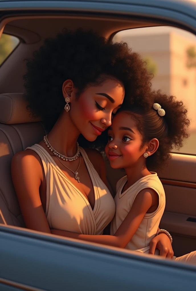 Beautiful black women in the car with her daughter