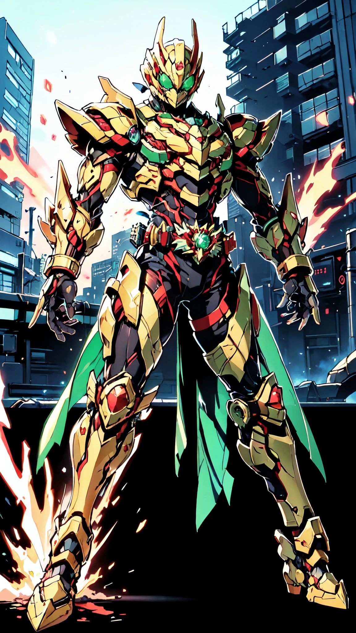 (masterpiece:1.5, best quality:1.5, extremely delicate:1.5), a man wearing a full-face helmet, a fantasy-style biotech armored combat suit, green eyes, (a composite layered chest armor), fully enclosed shoulder guards, matching arm and leg guards, belt of Neon circuit, (the color scheme is primarily black with green and red accents), the design balances heavy with agility, a high-tech bio-mecha armor, (Armor Concept Inspired by Kamen Rider, stand on the top of a skyscraper in a futuristic sci-fi city), this character embodies a finely crafted fantasy-surreal style armored hero in anime style, exquisite and mature manga art style, (element, plasma, energy, the armor glows), ((male:1.5)), metallic, high definition, highres, ultra-detailed, ultra-fine painting, professional, perfect body proportions, golden ratio, anatomically correct, symmetrical face, extremely detailed eyes and face, high quality eyes, creativity, RAW photo, UHD, 32k, Natural light, cinematic lighting, masterpiece-anatomy-perfect