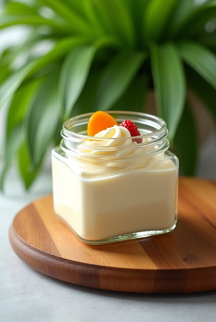 A mousse dessert inside a plastic jar in those 220 ml square cake jars with the lid closed and with a green plant background, The mousse pot will be on top of a wooden board 