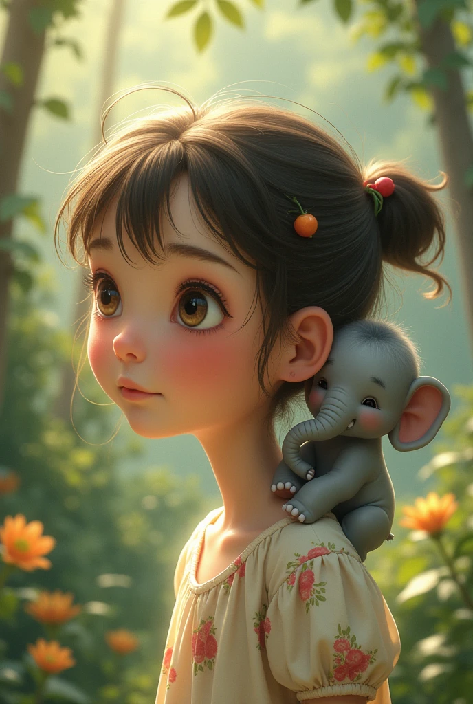 There is a small elephant climbing behind a young girl's ear